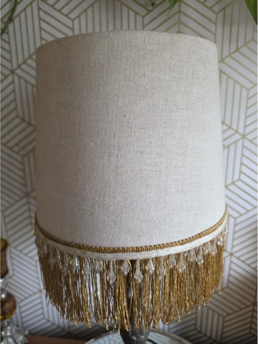 Vintage Fringed And Beaded Fabric Lampshade 10